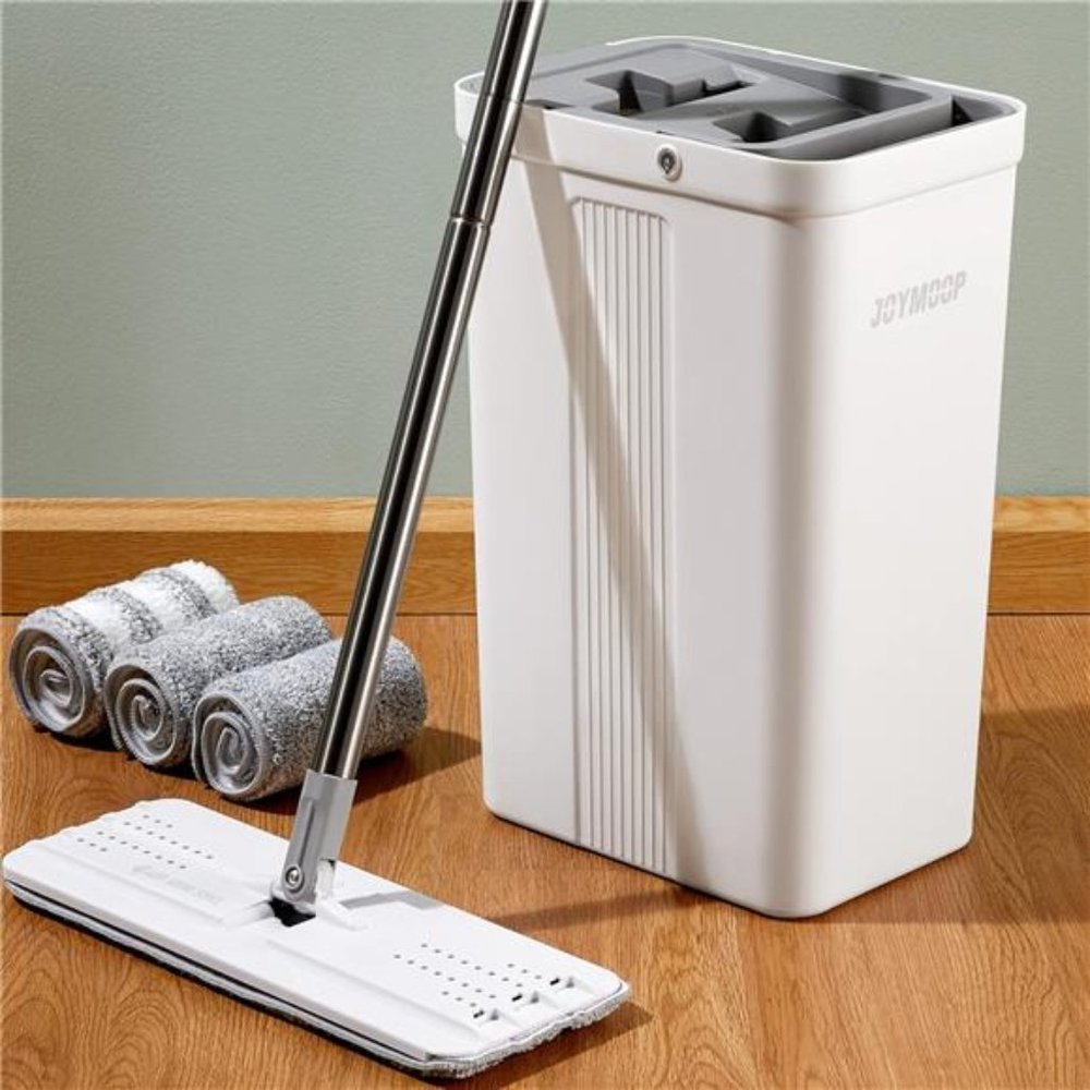 Mop & Bucket with Wringer Set for Home, Hands Free White Flat Squeeze Mop Bucket